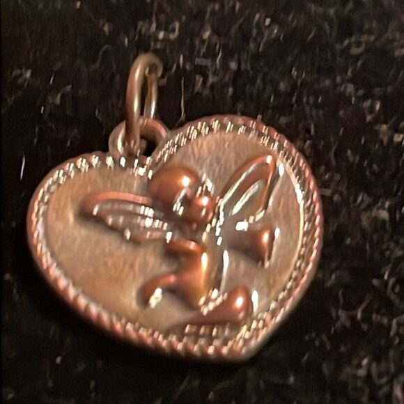 0.5” two toned-silver/rose gold-heart shaped charm/pendant w/cherub blowing horn - Picture 5 of 8
